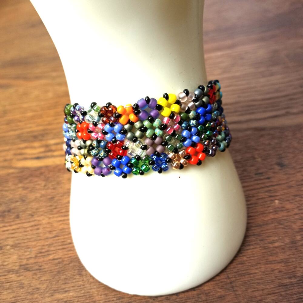 HANDMADE Multi-color Patchwork Beaded Cuff Bracelet. 7"  OOAK  Artisan Cottage